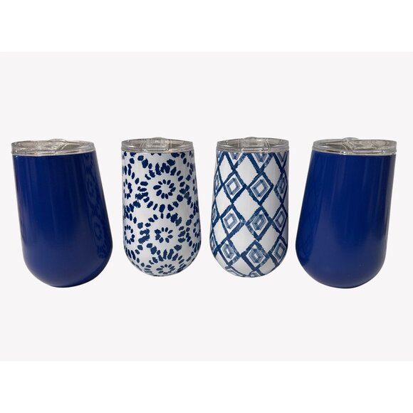 Members Mark Other - NIB Stainless Insulated Wine Tumblers Blue Teal Abstract Lids Members Mark 4 PK